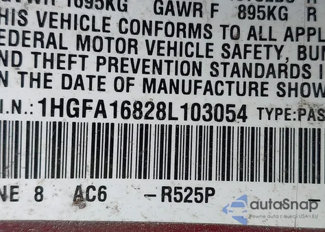 2008 Honda Civic Ex z USA, uszkodzony, nr VIN 1HGFA16828L103054